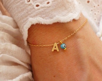 Monogram Bracelet - Initial Bracelet - Turquoise Evil Eye Bracelet - Matte Gold Personalized Bracelet - Name Bracelet - Alphabet Bracelet