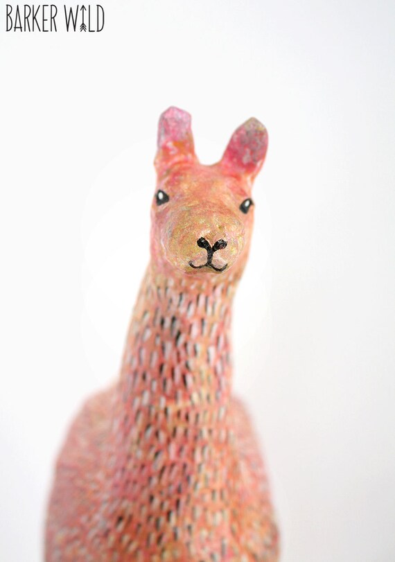 Pink Llama Sculpture, Paper Mache Folk Art, cute llama animal room decor, Handmade by Karen Barker