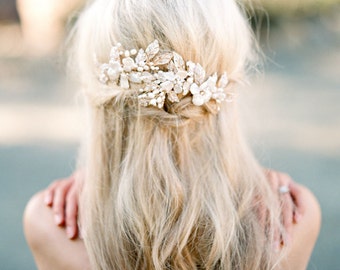 Bridal Headpiece, EMMA ANNE Bridal Pearl Hair Comb,Freshwater Pearl Hairpin, Swarovski Comb, Gold Bridal Pearl Headpiece, Bridal Hairclip
