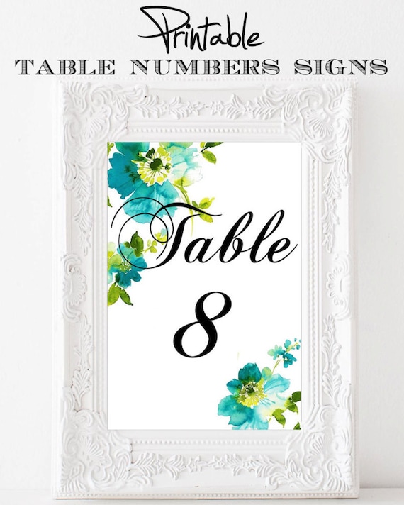 Printable 4 x 6 Table Number Signs Watercolor Blues Flowers 11-20