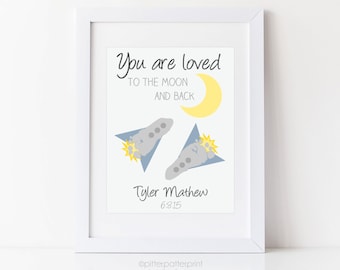 I Love You To the Moon & Back Nursery Art Print, Baby Footprint Rocket Ship, Space Wall Decor, Personalized with your Child's Feet UNFRAMED
