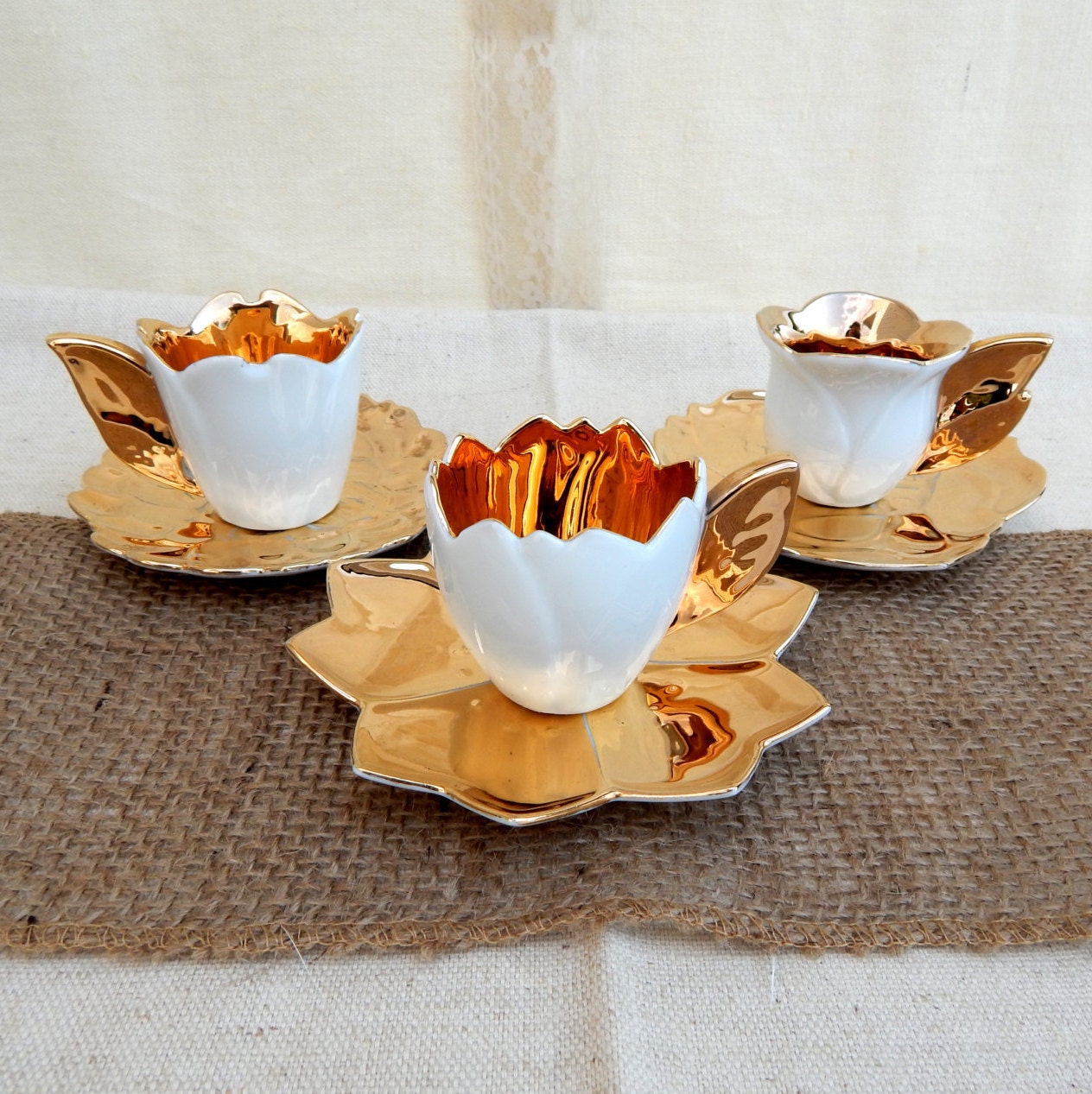Antique Gold Demitasse Flower Cups Saucers Set of 3 Fine
