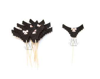 12 Black & Pink Glitter Pantie Cupcake Toppers - Bachelorette Cupcake Topper, Lingerie Cupcake Toppers, Bachelorette Party, Lingerie Party