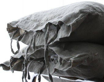 LINEN PILLOWCASE with small ties, standard, queen, king, euro sham, body pillow. Softened & stonewashed made by MOOshop.*70