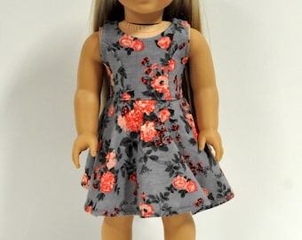 18 Inch Doll Clothes Gray and Coral Floral Print Sleeveless Skater Dress made to fit American girl doll clothes