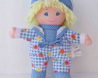 Dolly Mine 1990s Little Plush Doll Toy Blue Gingham Floral Outfit Sailor Hat