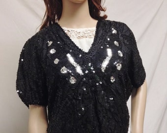 Sequin Butterfly Top ,blouse,Sequin, Black ,Silver ,Silk Lined, Small