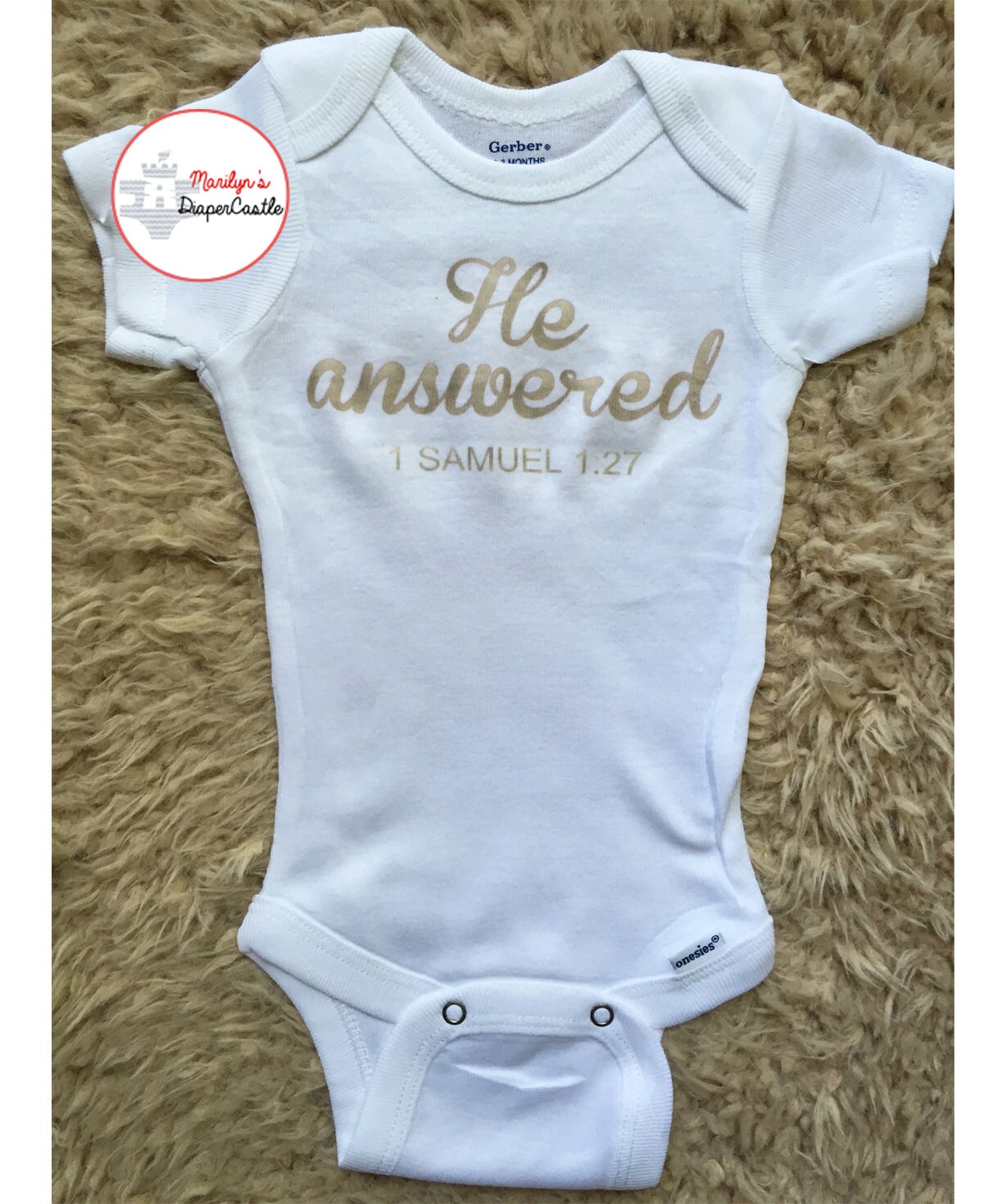 He Answered Baby Onesie Christian Baby by MarilynsDiaperCastle