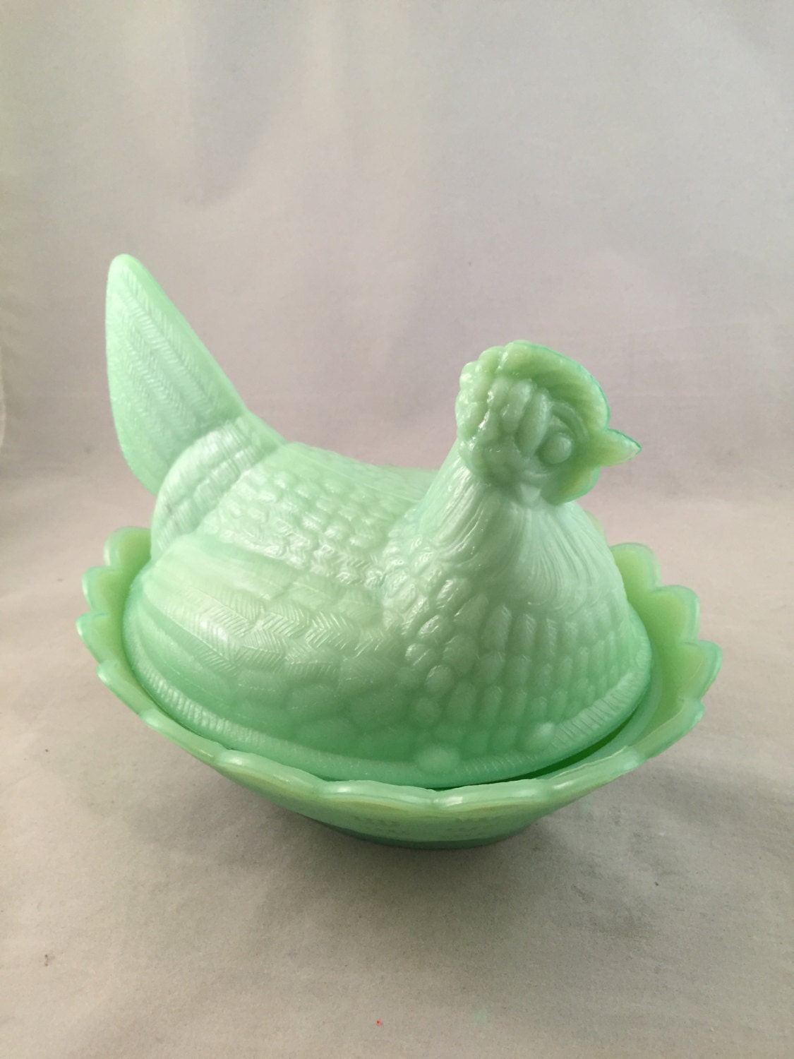 Vintage Jadeite Glass Nesting Hen Covered Dish Candy Dish
