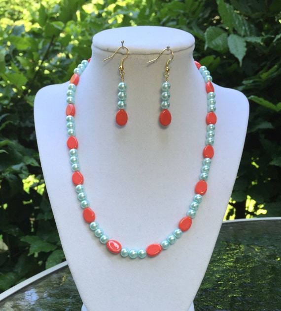 Aqua And Orange Glass Beaded Necklace Earrings Set