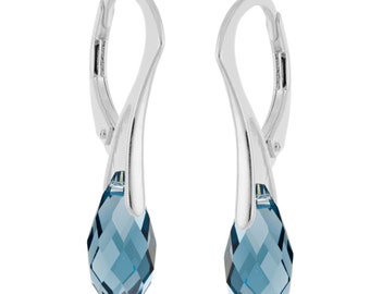 925 Sterling Silver Briolette Teardrop Lodon Blue Swavroski Crystal Leverback Earrings