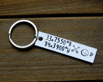 Map Coordinates Keychain Custom Place Coordinate Silver Location Personalized Gift Unisex Anniversary Valentines Birthday Remembrance Memory