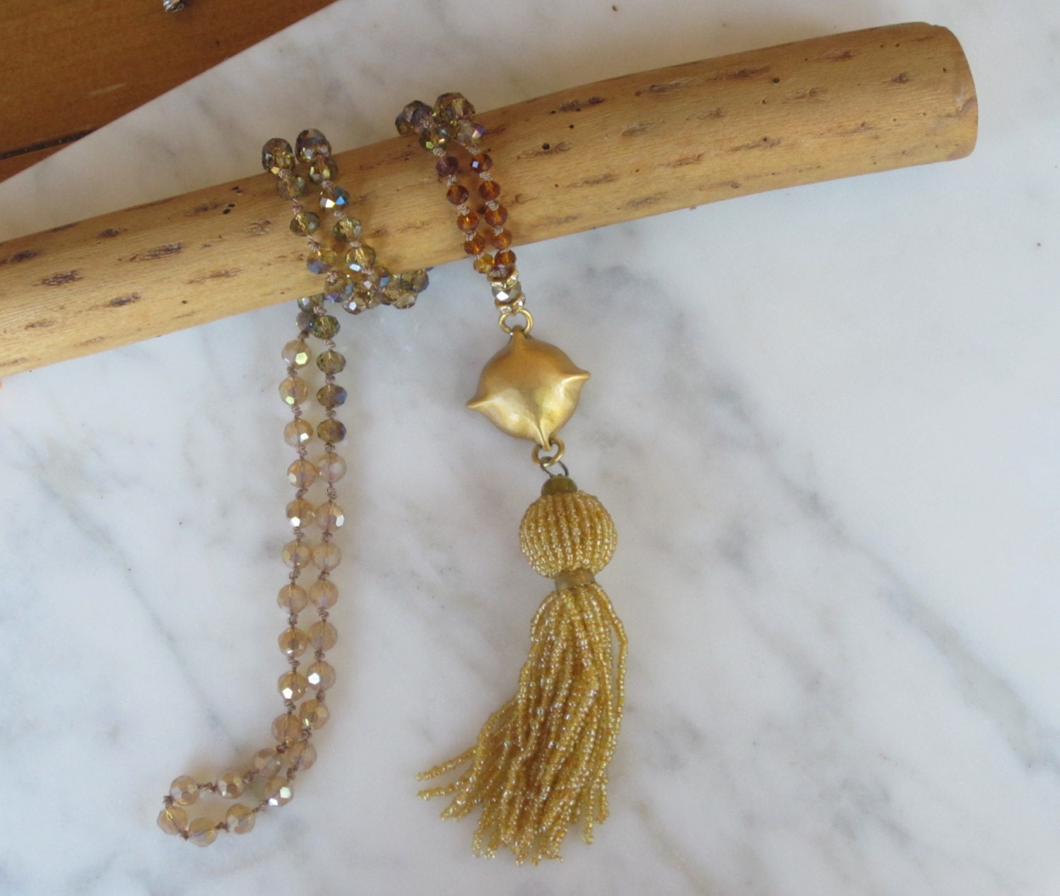 Beaded Tassel Necklace hand knot necklace Gold by beadpeacelove