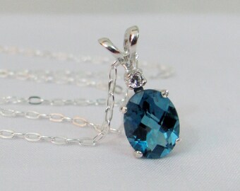 London Blue Topaz Necklace in Sterling Silver, 9x7mm Blue Topaz Gemstone, London Blue Jewelry, December Birthstone, Bride, Wedding Jewelry
