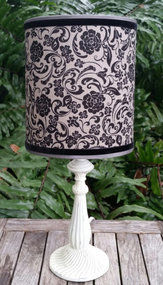 Lamp Shade Drum Black Damask Gray Grey Cotton Fabric Floral