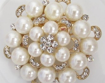 Pearl and Rhinestone Brooch / Bridal Brooch / Pearl and Crystal Brooch Component / SQB-4