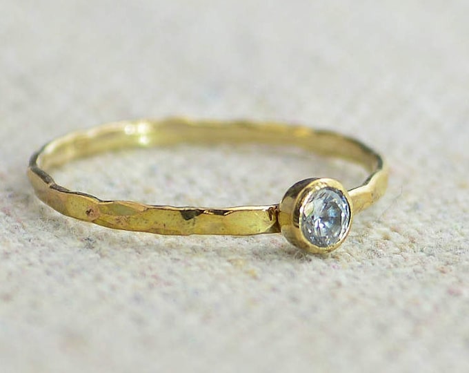Dainty Gold Filled CZ Diamond Ring, Hammered Gold, Stacking Rings, Mothers Ring, April Birthstone Ring, Diamond Ring, Rustic Diamond Ring