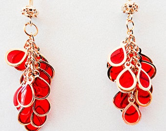 Red cluster earrings, red earrings, cluster earring, red jewelry, cluster jewelry, red glass outlined in gold, dangle earring, dangle - 0909