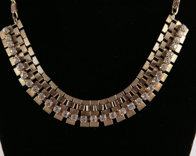 Gold Egyptian Collar Necklace Sections of Gold Plated Segments Rows of Clear Chaton Rhinestones separate Each Section VTG Egypt Greece Jewel