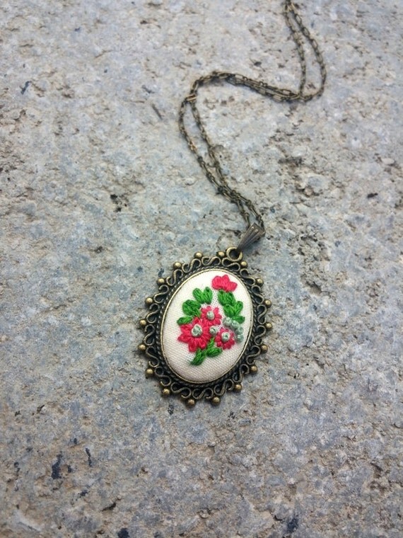 Hippie necklace Embroidered pendant necklace Pink and green flower necklace Flower jewelry Flower pendant Embroidery gift for mom