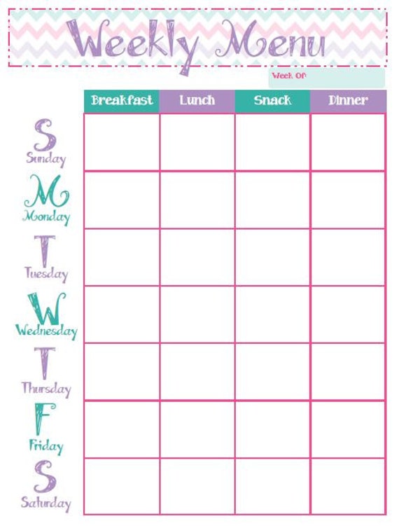 Printable Weekly Menu Breakfast Lunch Snack and by JustHappyPrints