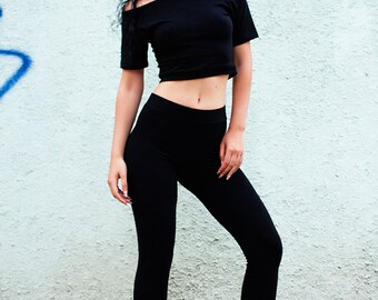 Black Crop Top. Short Black T-shirt. Off shoulder top. Womens tee. Cotton Comfortable Summer Spring Top. Short sleeve
