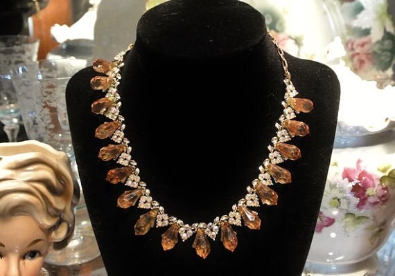 Coro Necklace Rhinestone Choker Bib 1950s Mid Century Vintage AB Aurora Borealis Bride Chunky Topaz Crystal Rhinestones Teardrops Gold