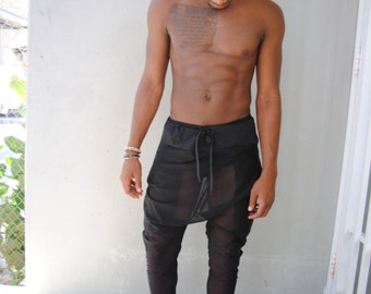 SALE Black Mesh Drop Crotch Harem Pants / Mens Harem Pants / Drop Crotch Pants / Mens Joggers / Two Pockets / Handmade by GAG THREADS