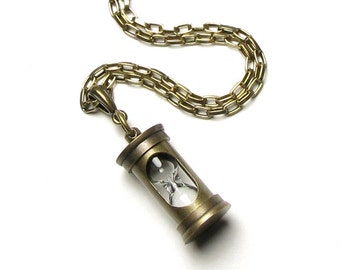 Antique Brass Hourglass Pendant Necklace With Pocket Watch Toggle Clasp Bronze Time Travel Themed Jewelry Gift Women Teen Teacher Sand Timer