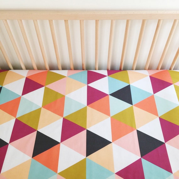 Crib Sheet Leonora Triangles. Fitted Crib Sheet. Baby Bedding.