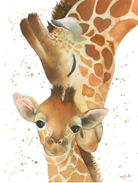 Giraffe Print mom and baby. Print of my by TheDailyWatercolor