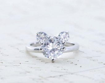 Mouse Engagement Ring - Sterling Silver Ring - Wedding Ring - Three Stone Ring - Round Cut - Promise Ring