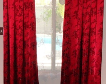 2 Red with Black Cherry Blossom silk brocade blackout curtain panels with grommets 44" wide each