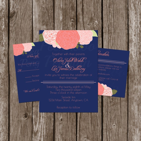 Items similar to Navy And Coral Wedding Invitations, Floral Wedding ...