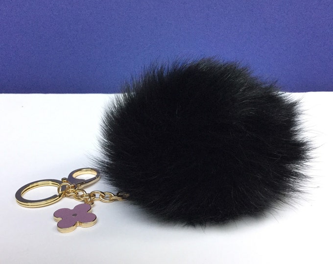 Black Fox Fur Pompom bag charm pendant Fur Pompoms keychain with flower clover charm