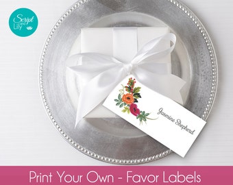 Flower Favor Labels, Tags, Place Name Card Templates | INSTANT DOWNLOAD | EDIT Text & Print | DiY | Orange Red | Pc / Mac | 1.35"x3.15"