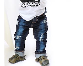 Sasha Jeans - Unisex baby , toddler , kids - hand - distressed jeans - skinny or straight fit (Sizes 6m-12y) denim - ripped / destructed