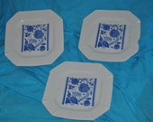 Three 7 1/4" Square Japanese PLATES White with Shades of Blue Design VINTAGE