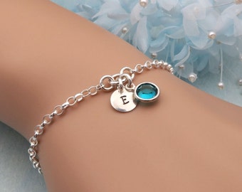 Birthstone Initial Bracelet, Sterling Silver, Hand Stamped Bracelet, Personalized Bracelet, Birthstone Bracelet, Bridesmaid Gift