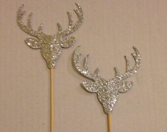 Set of 10 Silver Glitter Deer Cupcake Toppers - Wedding, Birthday, Baby Shower, Event. Large Deer with Antlers