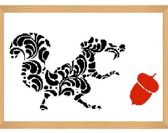 squirrel cross stitch pattern, silhouette cross stitch, ornamental, squirrel pattern, abstract, squirrel, modern cross stitch, black and red