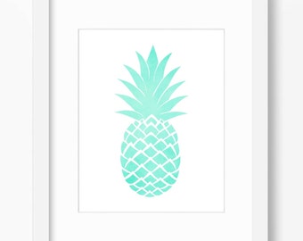 Aqua pineapple printable, mint decor, botanical print watercolor print, fruit print, turquoise print, tropical print, pineapple print, 18x24
