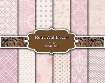 Retro digital paper: Pink Paper Polka Dots Damask Chevron Floral Scrapbook Decoupage Shabby Chic Damask Paper Pack 12x12 Buy 2 Get 1 FREE
