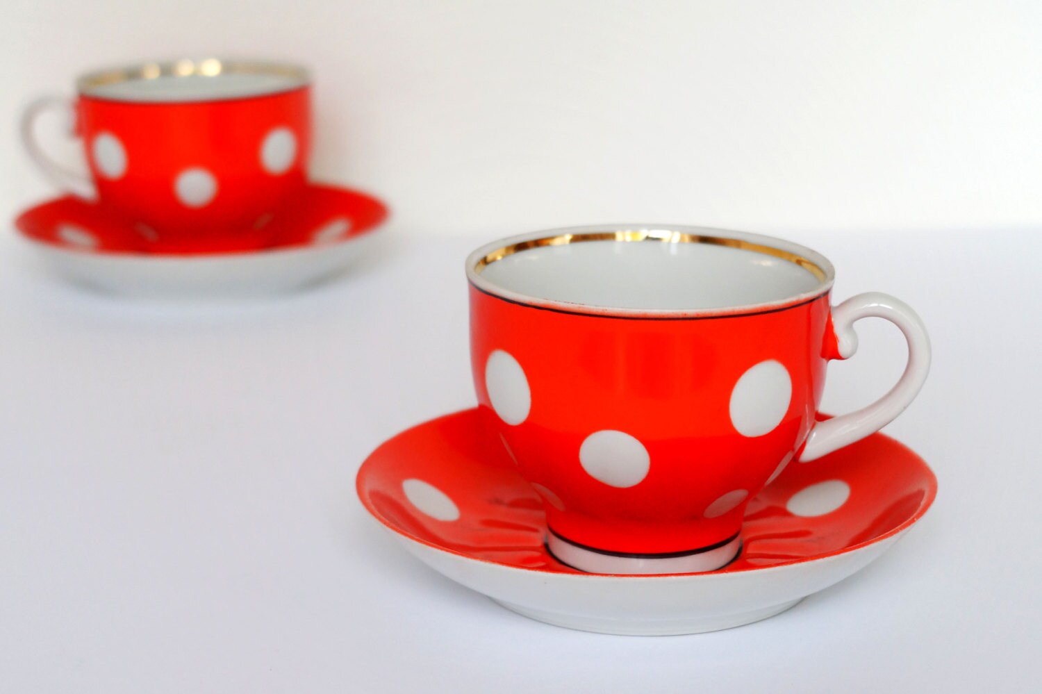 Red polka dot tea cup and saucer Vintage Porcelain by Retronom