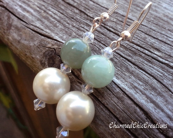 Jade, Gemstone Earrings, Peal, Bridal, Wedding, Bridesmaid, Jewelry, Semi Precious Stone, Metaphysical, Spiritual, Healing, Jewelry, Women