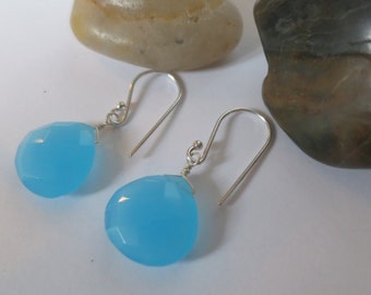 Blue chalcedony earrings, 92.5 sterling silver hooks,free shipping