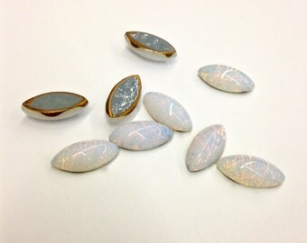 12 Pieces Milky Blue Glass Harlequin Opal Navette Stones, Cabochons, Vintage, 15x7mm