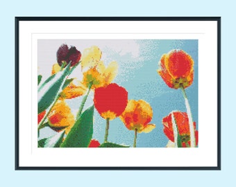 Cross stitch pattern, modern cross stitch pattern, tulip cross stitch pattern, garden cross stitch pattern, tulips, instant download