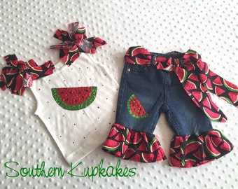 Girls Sequin Watermon Custom All sizes Yummy Slice Festival 5pc. Sparkle Outfit Handmade Red Green NWT New Boutique Pageant Summer Vacation