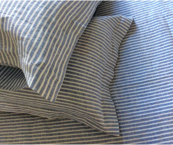 Denim Blue stripe linen sheets fitted by CustomLinensHandmade